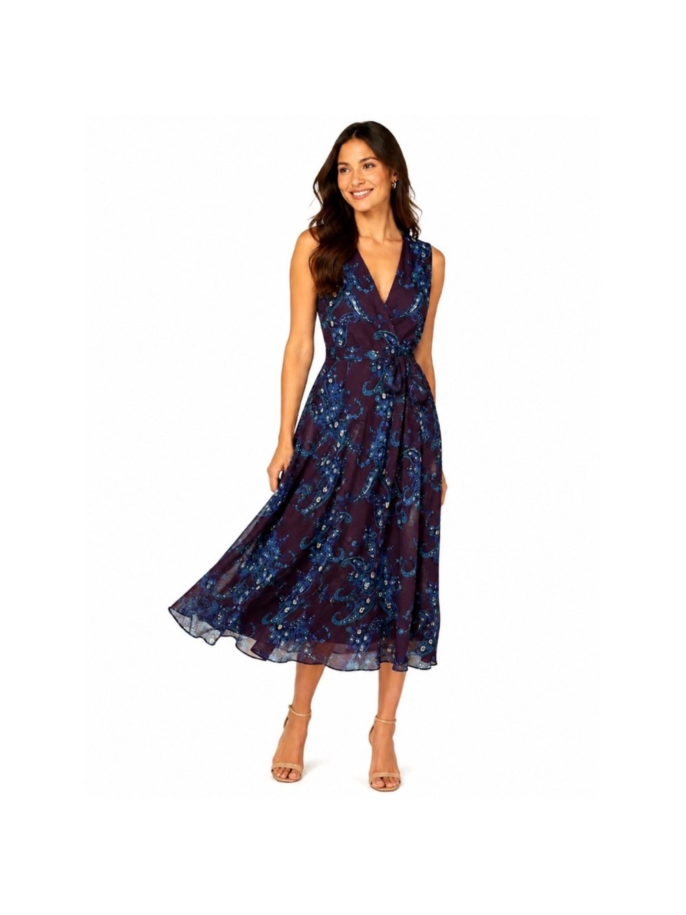 Cabi Eggplant Purple Burgundy and Navy Blue Paisley Dress with Pockets Pleats